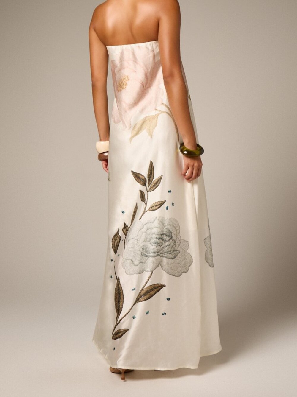 Multicolor Party Women's Elegant Strapless Floral Satin Maxi Dress - Picture 2 of 5